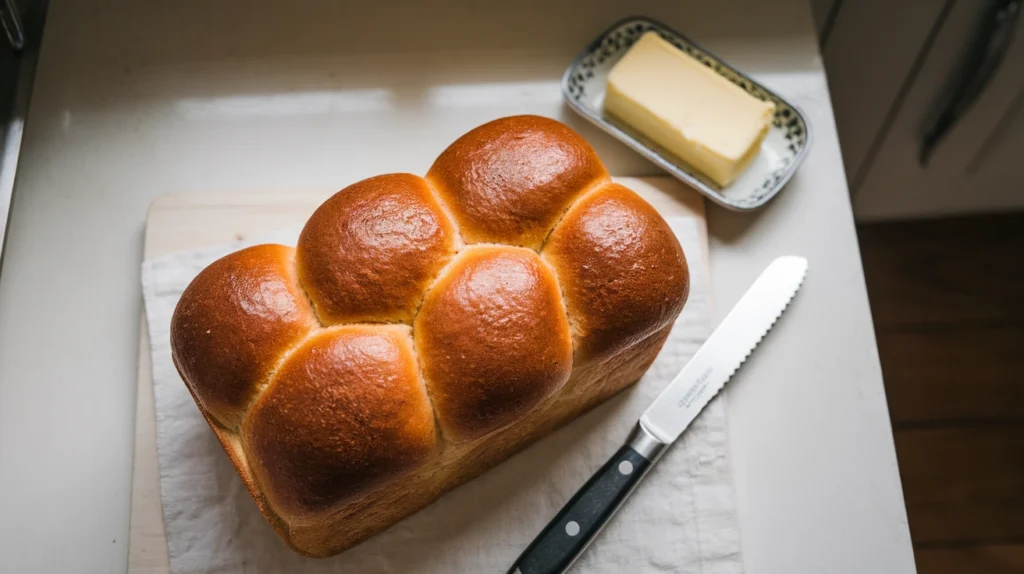 Golden-brown brioche bread loaf with a butter dish on a white kitchen counter