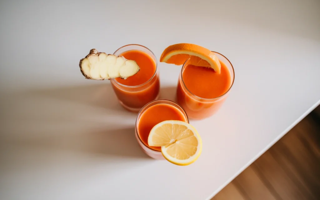 Carrot juice variations, Carrot and Ginger Juice, Spiced Carrot Juice and Carrot and Orange Juice
