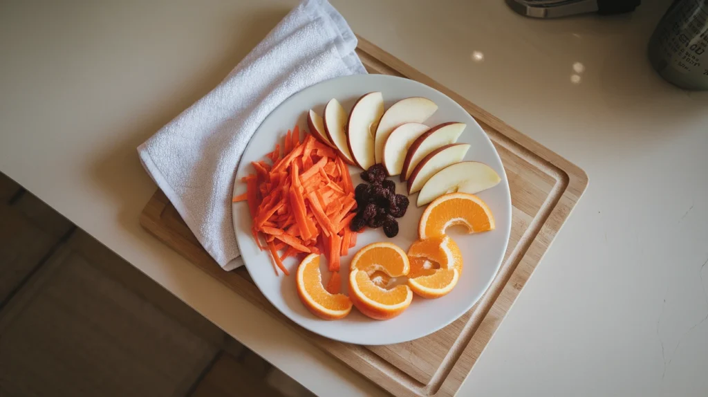 Classic pairings of shredded carrots with apple slices, orange segments, and raisins on a plate.