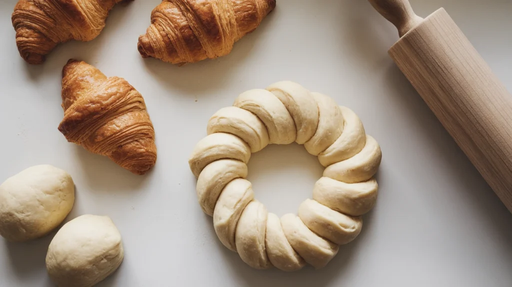 Croissant dough with butter layers and gipfeli dough being shaped on a white kitchen counter.