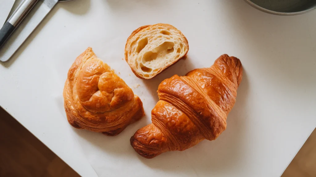 Flaky croissant with visible layers and a sliced gipfeli showing its denser texture.