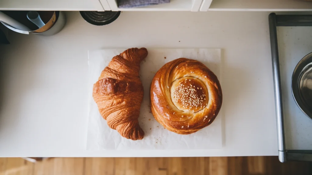 Golden brown croissant and gipfeli side by side on a white kitchen counter