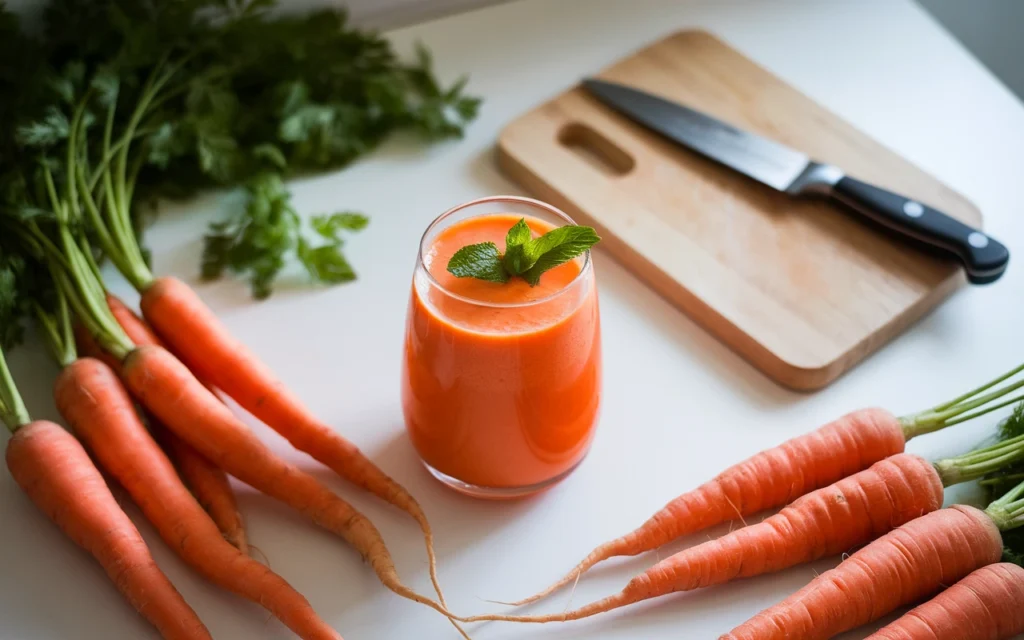 Glass of fresh Carrot Juice on a white kitchen counter surrounded by whole carrots