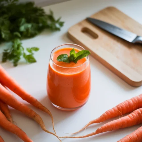 Glass of fresh Carrot Juice on a white kitchen counter surrounded by whole carrots