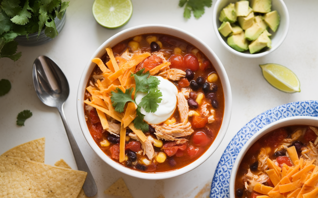 A bowl of taco soup garnished with cheese, sour cream, cilantro, and tortilla chips, placed on a white kitchen counter with a spoon and lime wedge nearby