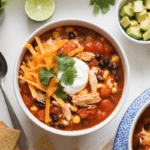 A bowl of taco soup garnished with cheese, sour cream, cilantro, and tortilla chips, placed on a white kitchen counter with a spoon and lime wedge nearby
