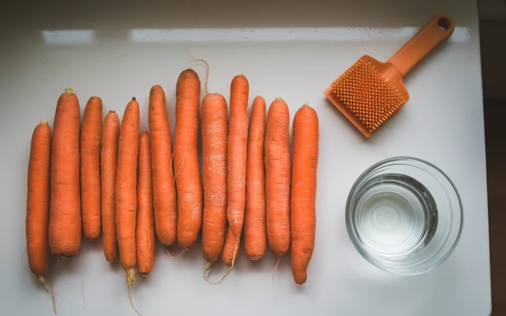 Fresh carrots on a white kitchen counter and a glass of water beside it 