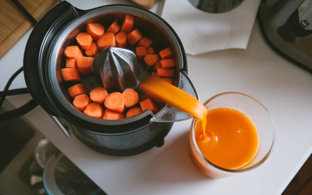 A blender in juicing carrot juice process