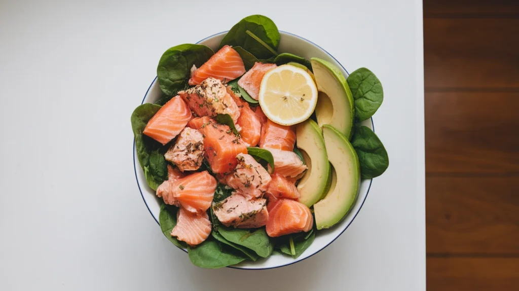 Healthy salmon and trout salad with spinach, avocado, and lemon on a white kitchen counter.