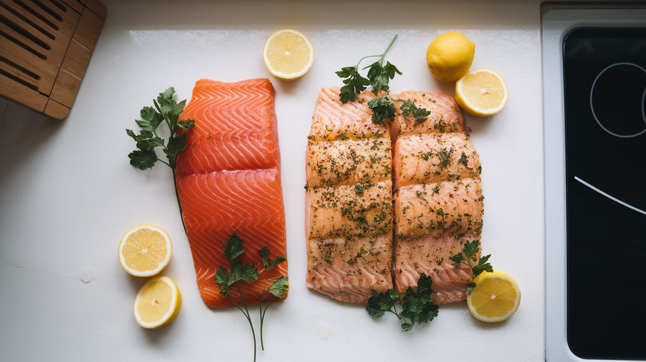 Fresh salmon and trout fillets on a white kitchen counter with lemon slices and herbs