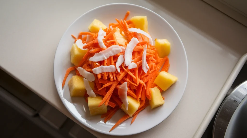 ropical salad with grated carrots, pineapple, mango, and coconut on a plate.