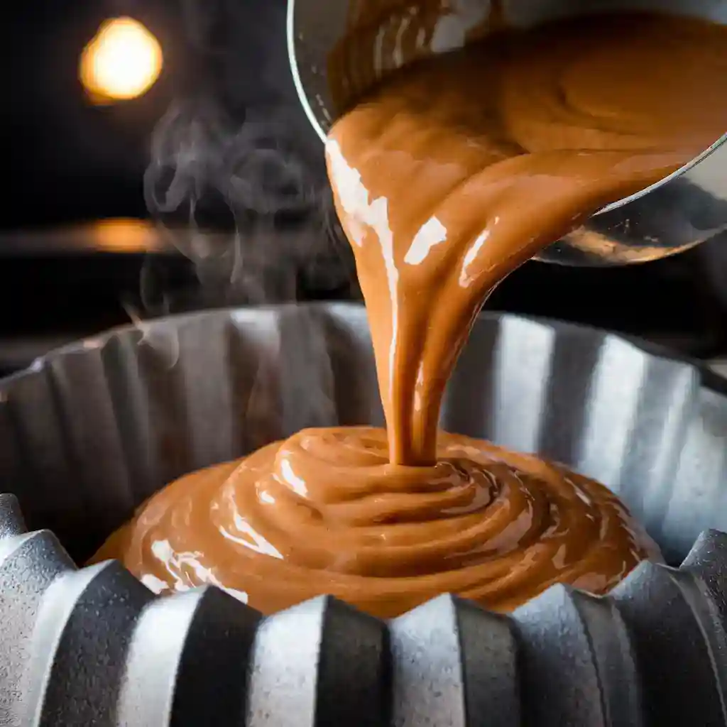 A rich, thick cake batter being poured into a prepared Bundt pan. The motion of the ladle or spatula creates smooth, swirled layers in the pan. A hint of steam rises, indicating the warmth of freshly mixed batter. In the softly lit background, an oven glows, ready to transform the batter into a golden, aromatic masterpiece.