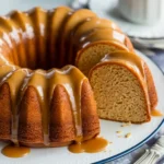 A freshly baked Caribbean rum cake cooling on a wire rack, golden brown with a slightly crisp outer layer. The Bundt pan sits beside it, showing a clean release. A light drizzle of butter rum glaze glistens on top, with a few toasted pecans scattered nearby. The soft lighting enhances the cake’s rich, moist texture, capturing a warm and inviting kitchen moment.