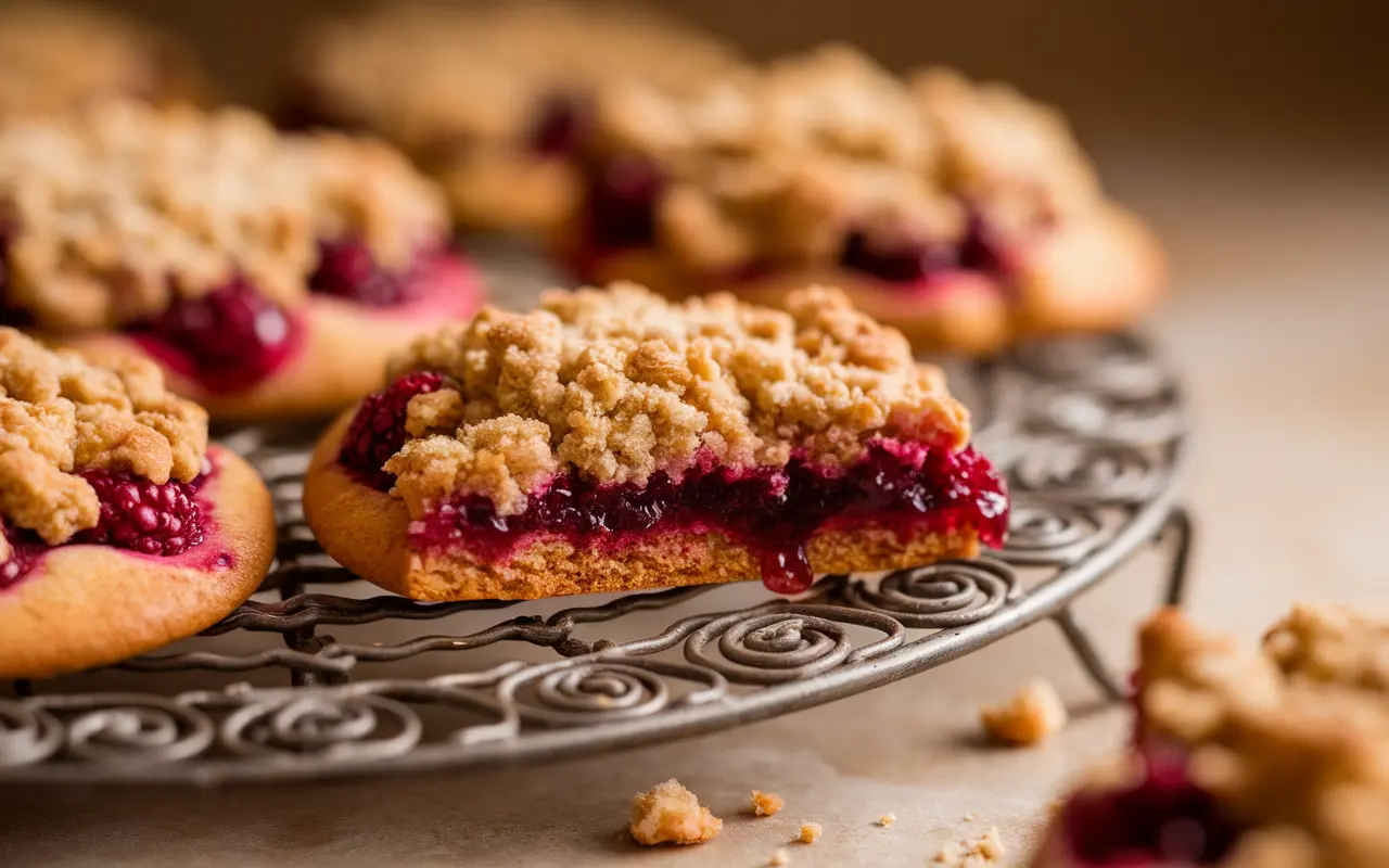 Close-up of freshly baked raspberry crumble cookies with a golden, buttery streusel topping and a vibrant raspberry filling, placed on a decorative cooling rack.