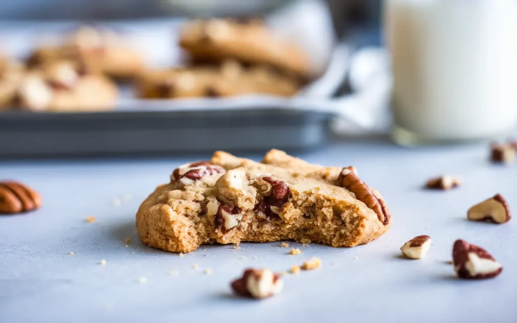 A freshly baked maple pecan cookie with a bite taken out, revealing a soft, chewy texture with crunchy pecans and a golden-brown crust, placed on a light surface with cookie crumbs and pecan pieces scattered around.