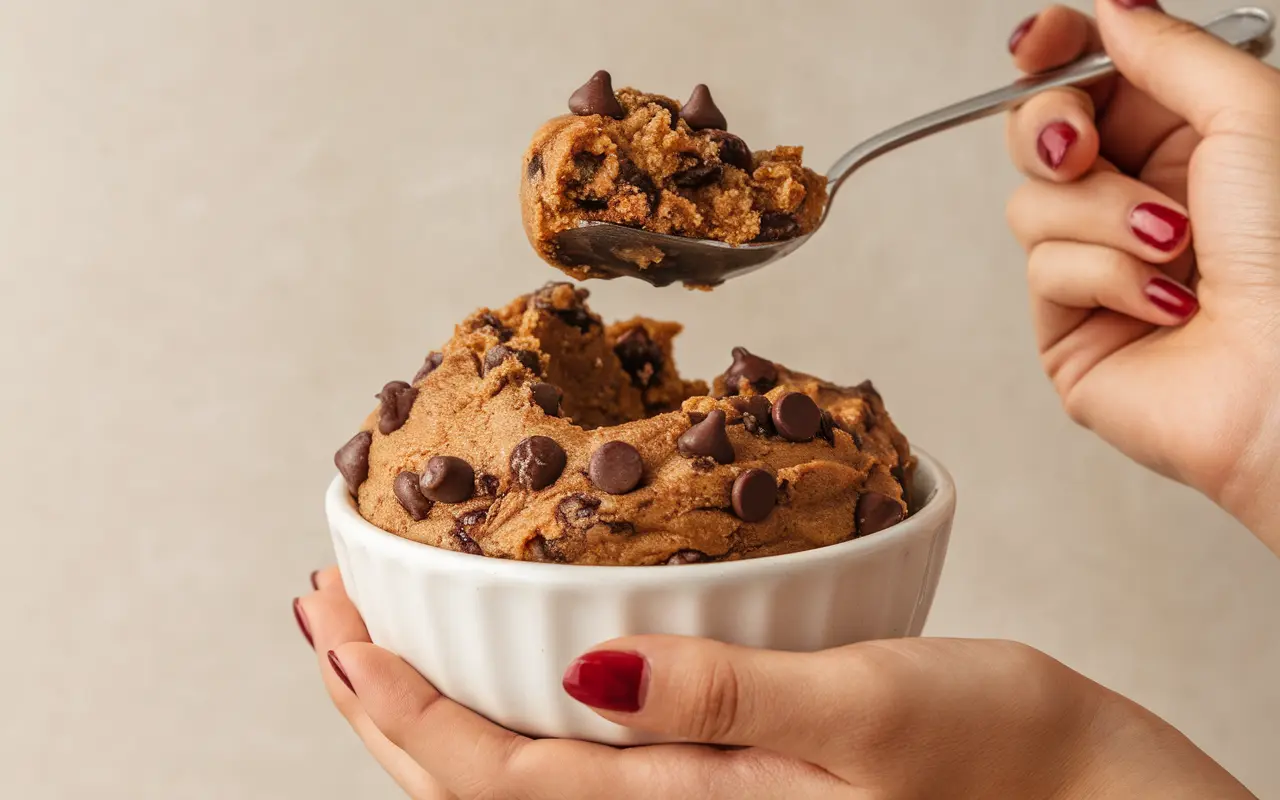 Delicious edible chocolate chip cookie dough in a white bowl, garnished with chocolate chips, held by a hand with a spoonful lifted.