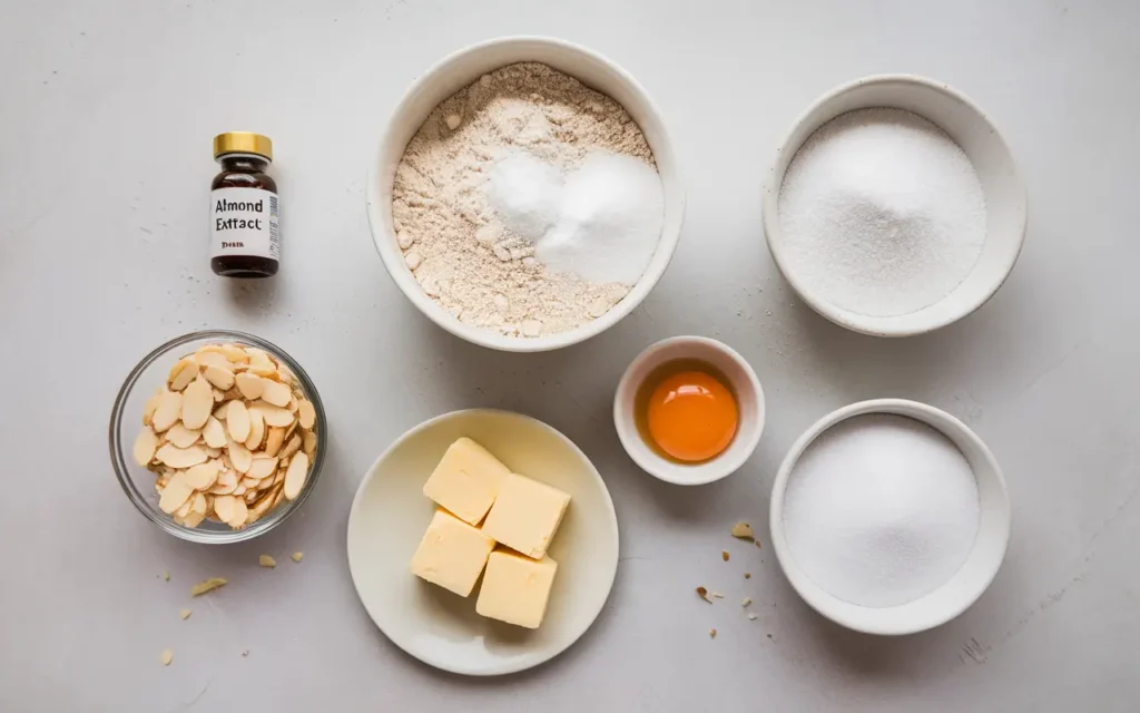 Ingredients for soft almond sugar cookies, including flour, sugar, butter, egg yolk, sliced almonds, and almond extract, arranged on a light-colored surface.