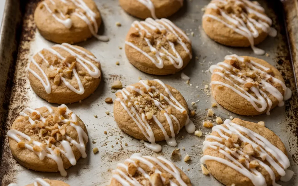 Freshly baked maple pecan cookies with a golden-brown texture, drizzled with sweet icing and sprinkled with chopped pecans, arranged on a rustic baking tray.