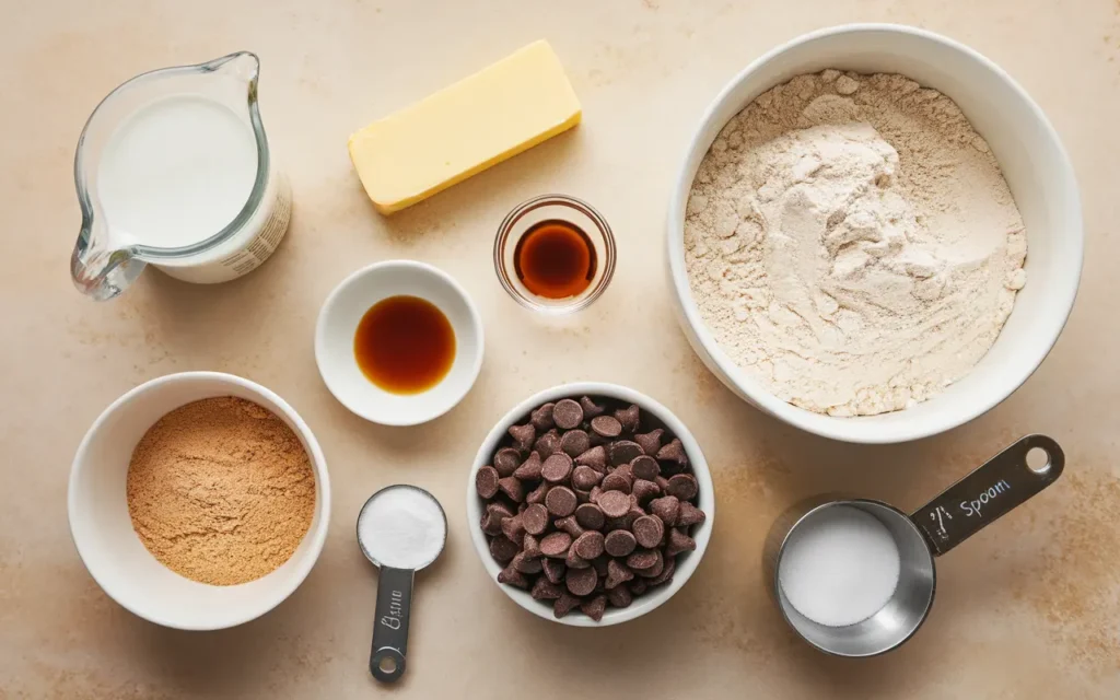 A flat lay of edible chocolate chip cookie dough ingredients, including flour, butter, milk, brown sugar, vanilla extract, salt, and chocolate chips on a beige surface.