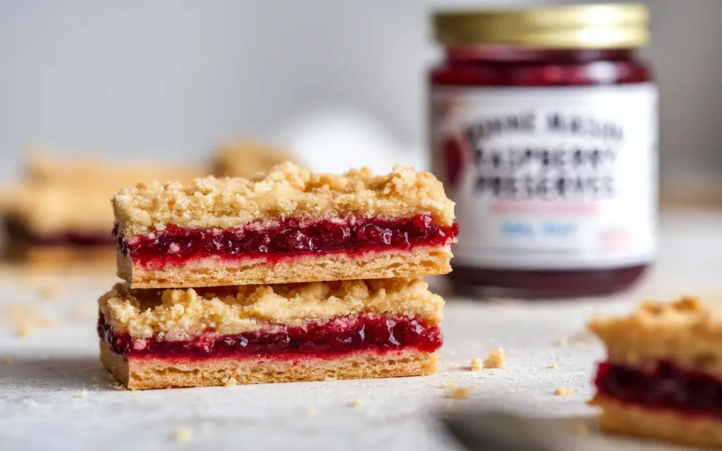 Close-up of raspberry crumble bars stacked on top of each other, featuring a golden shortbread crust, vibrant raspberry filling, and a crumbly streusel topping, with a jar of raspberry preserves in the background.