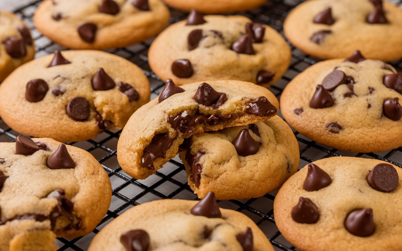 A batch of freshly baked chocolate chip cookies without brown sugar. These golden cookies are filled with melted chocolate chips and have a slightly crisp edge with a soft and chewy center.