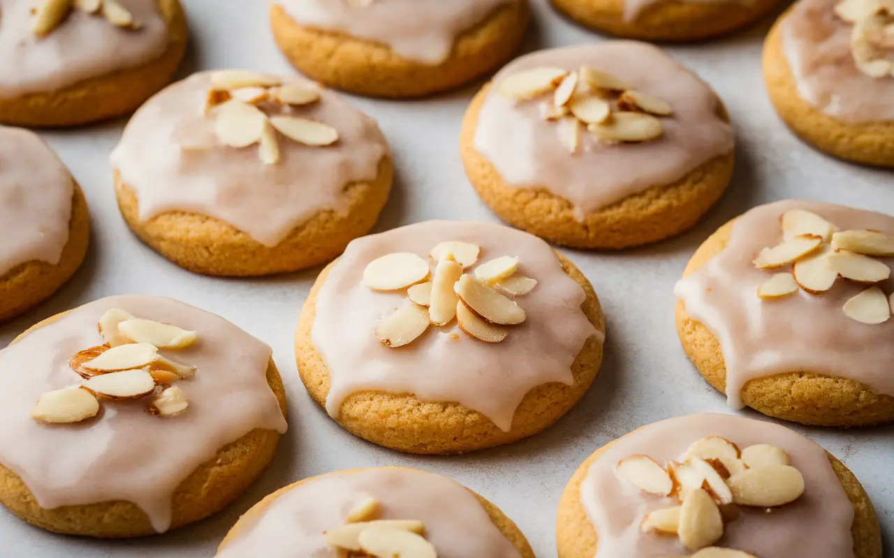 Soft almond sugar cookies with a light glaze and sliced almonds on top, arranged on a baking sheet