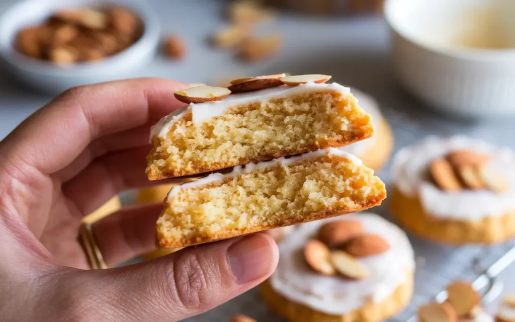 A hand holding a soft almond sugar cookie broken in half, revealing its moist and fluffy interior, with a glaze and sliced almonds on top.