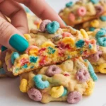 A close-up of a Fruity Pebble marshmallow cookie being held by a hand with teal nail polish, showing its colorful, chewy interior with crunchy cereal pieces.