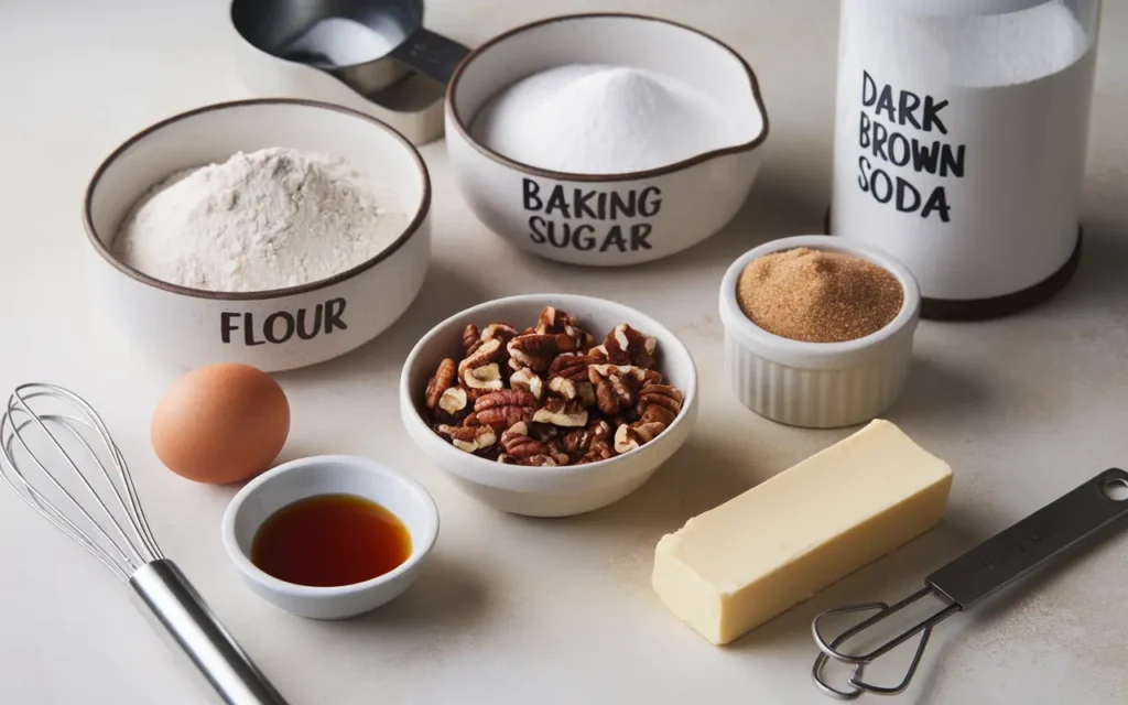 A neatly arranged selection of ingredients for homemade maple pecan cookies, including flour, baking sugar, dark brown sugar, pecans, an egg, vanilla extract, butter, and baking soda, placed on a light-colored surface.