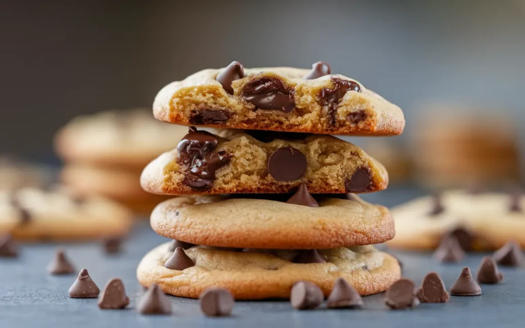 A close-up of a stack of freshly baked chocolate chip cookies, with gooey melted chocolate and a golden, chewy texture.