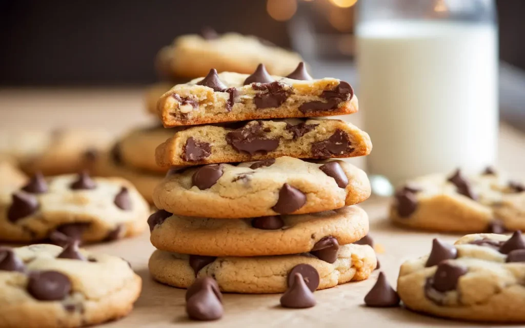 Stack of freshly baked chocolate chip cookies without brown sugar, topped with melty chocolate chips, with a glass of milk in the background.