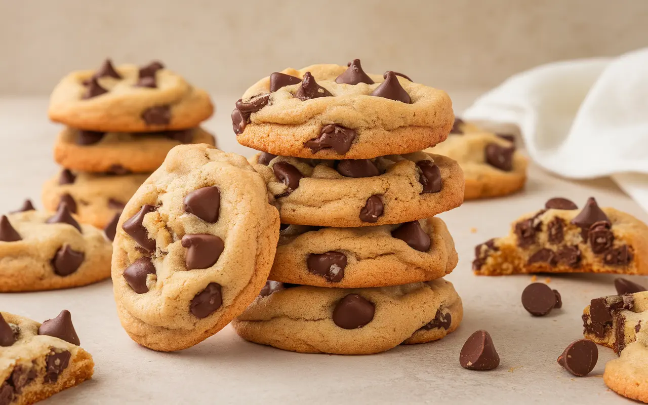 Freshly baked classic chocolate chip cookies stacked on a table, featuring gooey chocolate chips and a golden-brown texture.