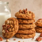 A stack of freshly baked maple pecan cookies with crunchy pecans on top, placed next to a glass bottle of milk. The cookies have a golden-brown texture, with scattered pecan pieces around them.