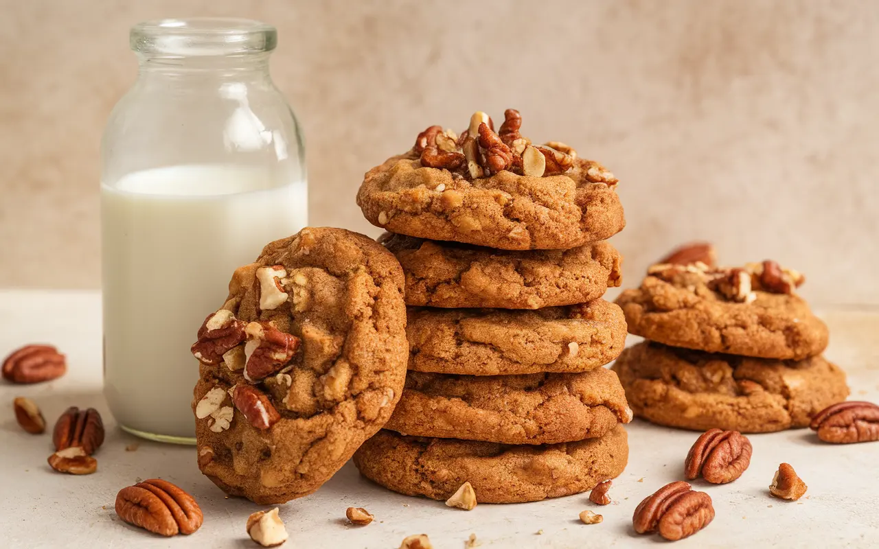 A stack of freshly baked maple pecan cookies with crunchy pecans on top, placed next to a glass bottle of milk. The cookies have a golden-brown texture, with scattered pecan pieces around them.