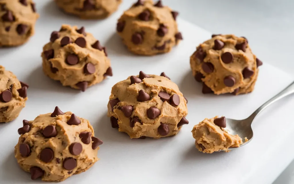 Scoops of edible chocolate chip cookie dough arranged on a white surface, garnished with chocolate chips, with a spoonful taken out.