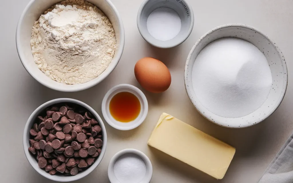 A collection of ingredients for chocolate chip cookies without brown sugar, including granulated sugar, butter, vanilla extract, chocolate chips, all-purpose flour, and eggs, neatly arranged on a countertop.