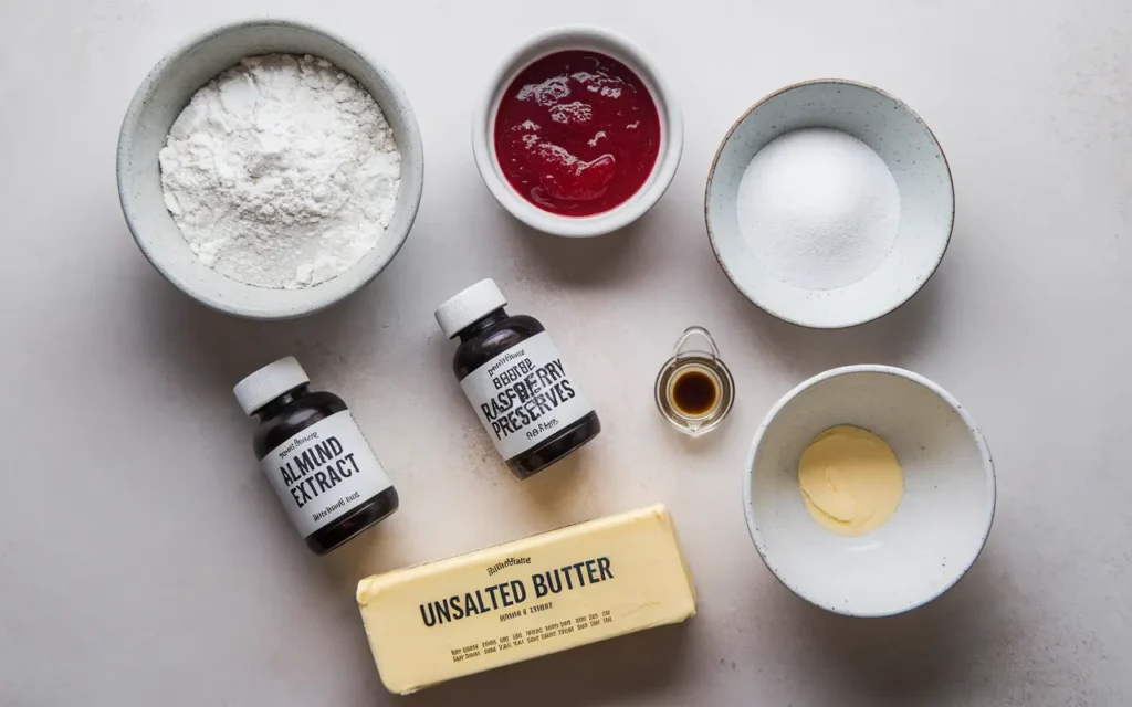 Flat lay of ingredients for raspberry crumble cookies, including flour, sugar, butter, almond extract, vanilla extract, raspberry preserves, and other baking essentials on a white surface.