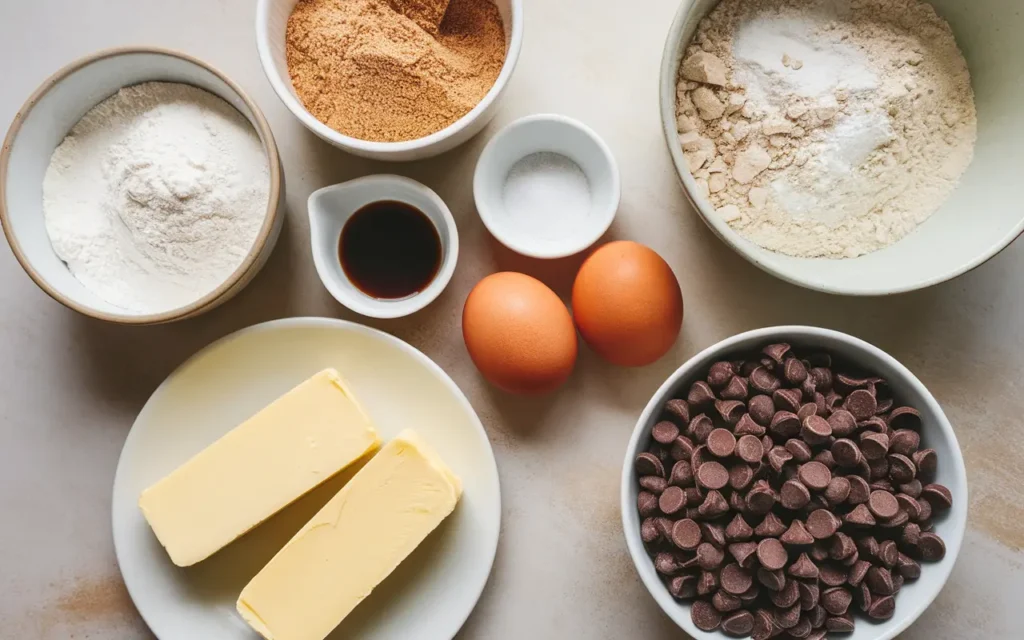 A flat lay of classic chocolate chip cookie ingredients, including butter, flour, eggs, chocolate chips, brown sugar, vanilla extract, and salt.